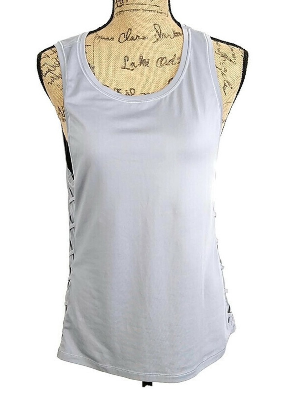 Victoria Sport Tank Top Gray Criss Cross Mesh Sides Round Neck Size L